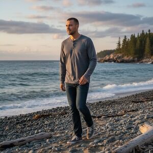 Marine Layer Re-Spun Mens Henley Long Sleeve Shirt Blue Gray Heathered Size M